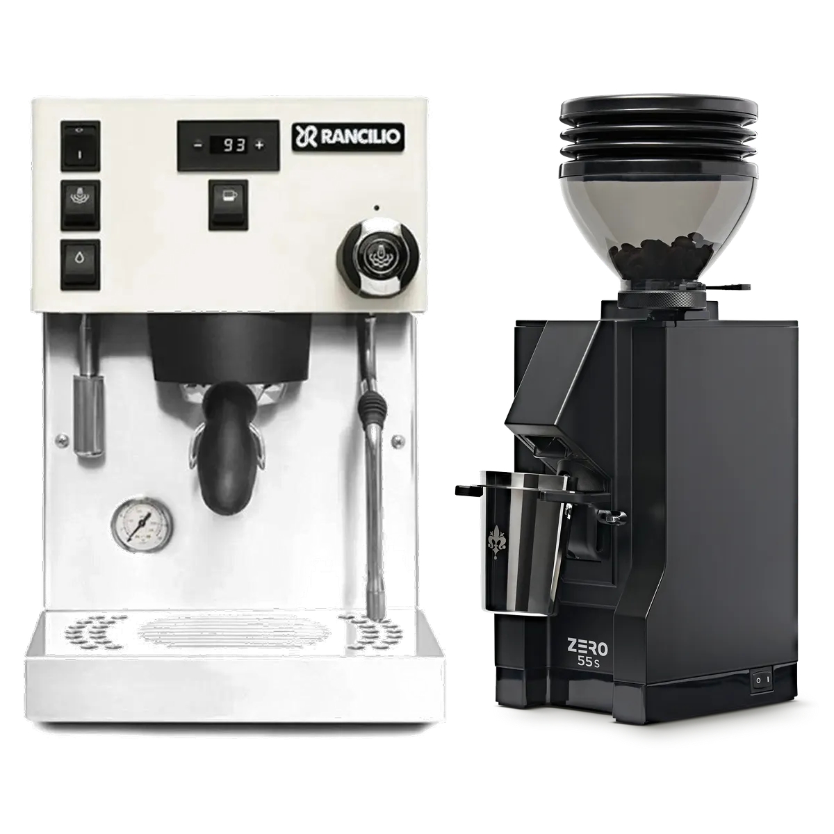 A white Rancilio Silvia Pro X Espresso Machine sits alongside a matte black Eureka Mignon Zero 55s Single Dose Coffee Grinder, both from Rancilio and showcased on a white background, creating an inviting bundle setup for making professional-quality espresso at home.