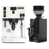 A white Rancilio Silvia Pro X Espresso Machine sits alongside a matte black Eureka Mignon Zero 55s Single Dose Coffee Grinder, both from Rancilio and showcased on a white background, creating an inviting bundle setup for making professional-quality espresso at home.