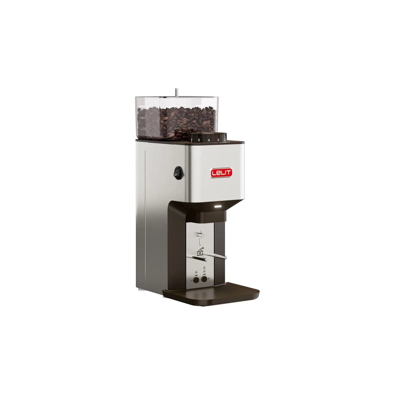 The Lelit William Coffee Grinder PL71 is a stainless steel grinder with flat burrs, a clear bean hopper, red Lelit logo, and a platform for placing containers under the grind chute.