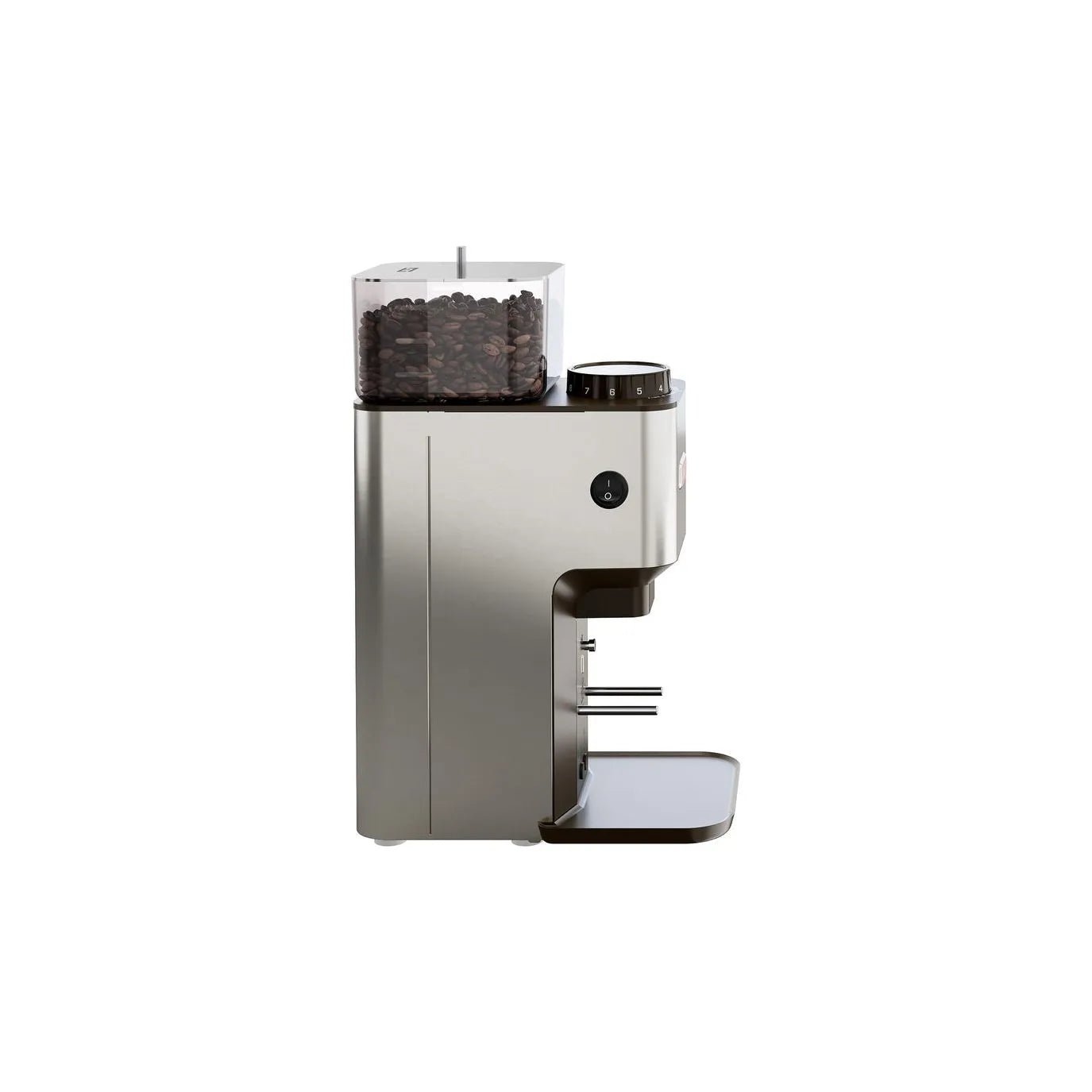 Side view of the Lelit William Coffee Grinder PL71 by Lelit, a modern silver grinder with flat burrs, transparent bean hopper, and bottom tray for collecting ground coffee.