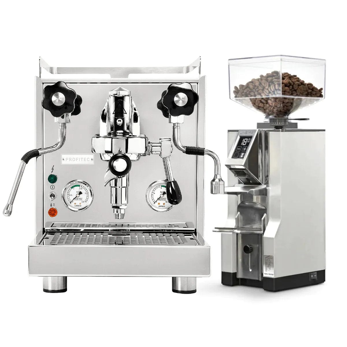 The Profitec Pro 500 Espresso Machine, featuring a stainless steel build with an E61 group head, steam wand, and pressure gauges, is paired with the modern Eureka Mignon Libra Grinder in a sleek chrome finish that includes an electronic display. Both items are showcased against a plain white background.