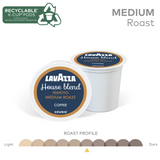 Two Lavazza House Blend Perfetto Medium Roast K-Cup® Pods (Case of 60) are shown, with recyclable packaging info above and a medium roast profile bar below. The color palette features shades from light to dark brown. Brand: Lavazza.