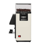 The Rancilio Stile SD Espresso Coffee Grinder (White) by Rancilio features a transparent bean hopper, a red power button, and a black handle for precise dispensing and grinding, all shown from the side.