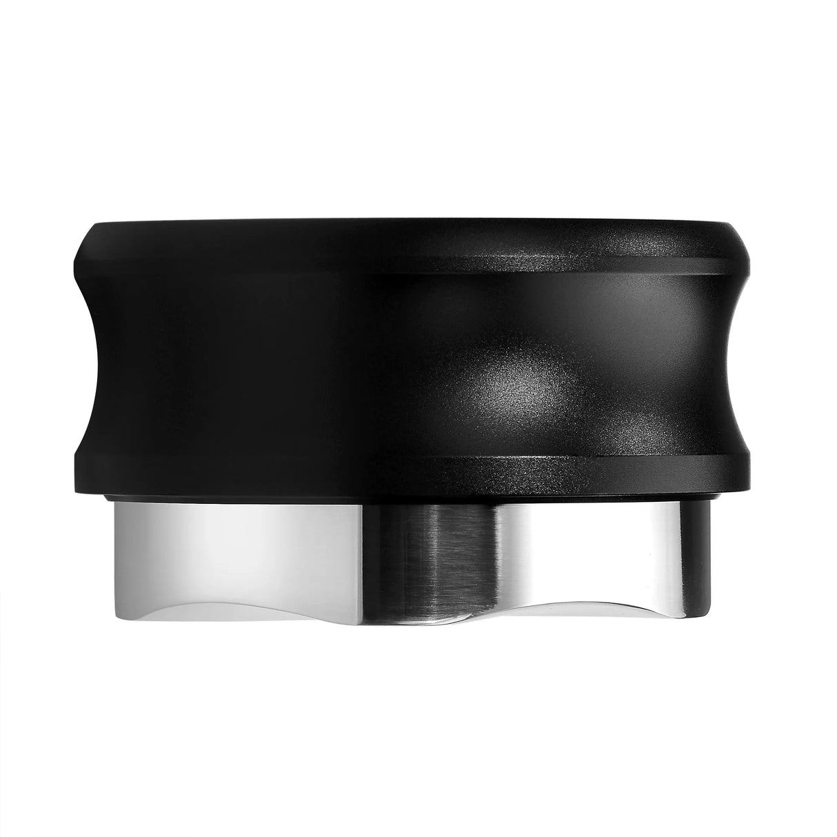 The Normcore Gravity Distributor Tool (58.5mm) by Normcore, featuring a black and stainless steel design with a textured handle and flat base, serves as both a coffee distributor and tamper for precise espresso preparation, displayed on a white background.
