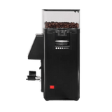 The Rancilio Stile SD Espresso Coffee Grinder in black by Rancilio features flat burrs and a transparent bean hopper filled with coffee beans, showcased from the front against a white background.