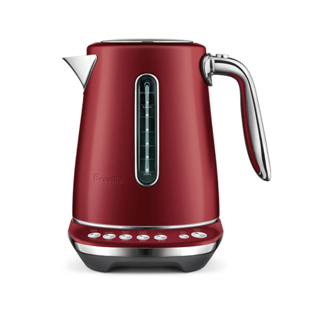 The Breville the Smart Kettle Luxe 1.7L BKE845RVC (Red Velvet Cake) is a red stainless steel kettle with a chrome handle, water level window, and silver control buttons—ideal for precise temperature control, shown against a white background.