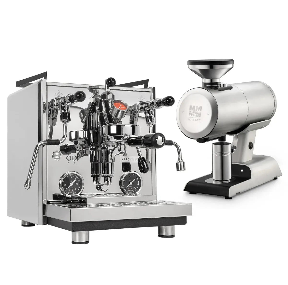 The Profitec Drive Espresso Machine (Silver) with Mazzer Philios Grinder (Silver) Bundle sits on a white background, showcasing dual boilers, flow control, multiple gauges, and the matching zero-retention grinder.