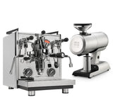 The Profitec Drive Espresso Machine (Silver) with Mazzer Philios Grinder (Silver) Bundle sits on a white background, showcasing dual boilers, flow control, multiple gauges, and the matching zero-retention grinder.