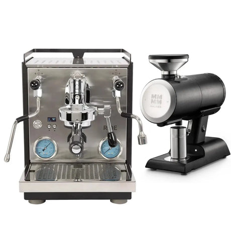 The Profitec Ride Espresso Machine with dual boilers and blue gauges, paired with the Mazzer Philos Grinder (Black), creates the ideal home barista setup.