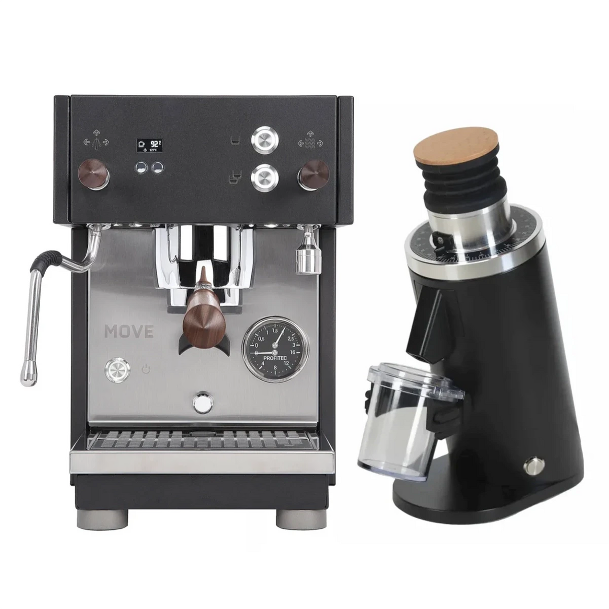 The Profitec Move Dual Boiler Espresso Machine (Black) and DF54 Grinder (Black) Bundle by Profitec features a sleek, compact espresso machine crafted from stainless steel with refined wooden accents, paired with a matching black electric grinder that boasts a wooden-topped lid and transparent grounds container—bringing professional-quality espresso to any kitchen.