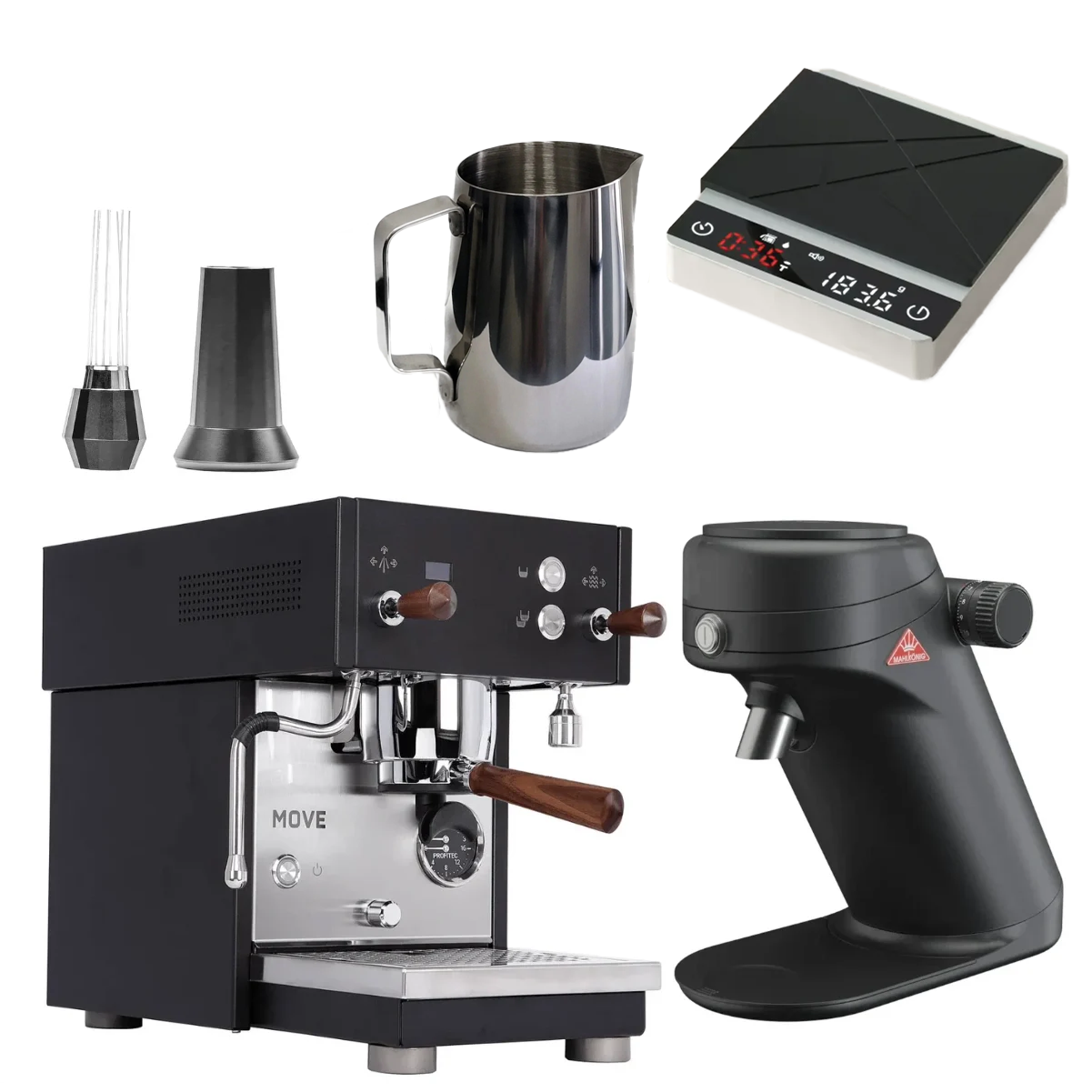 Profitec Move & Mahlkönig X64SD (Black) "Ready to Go" Espresso Bundle – Dual Boiler, Single Dose Grinder & Complete Barista Kit Espresso Machine (Prosumer) Profitec
