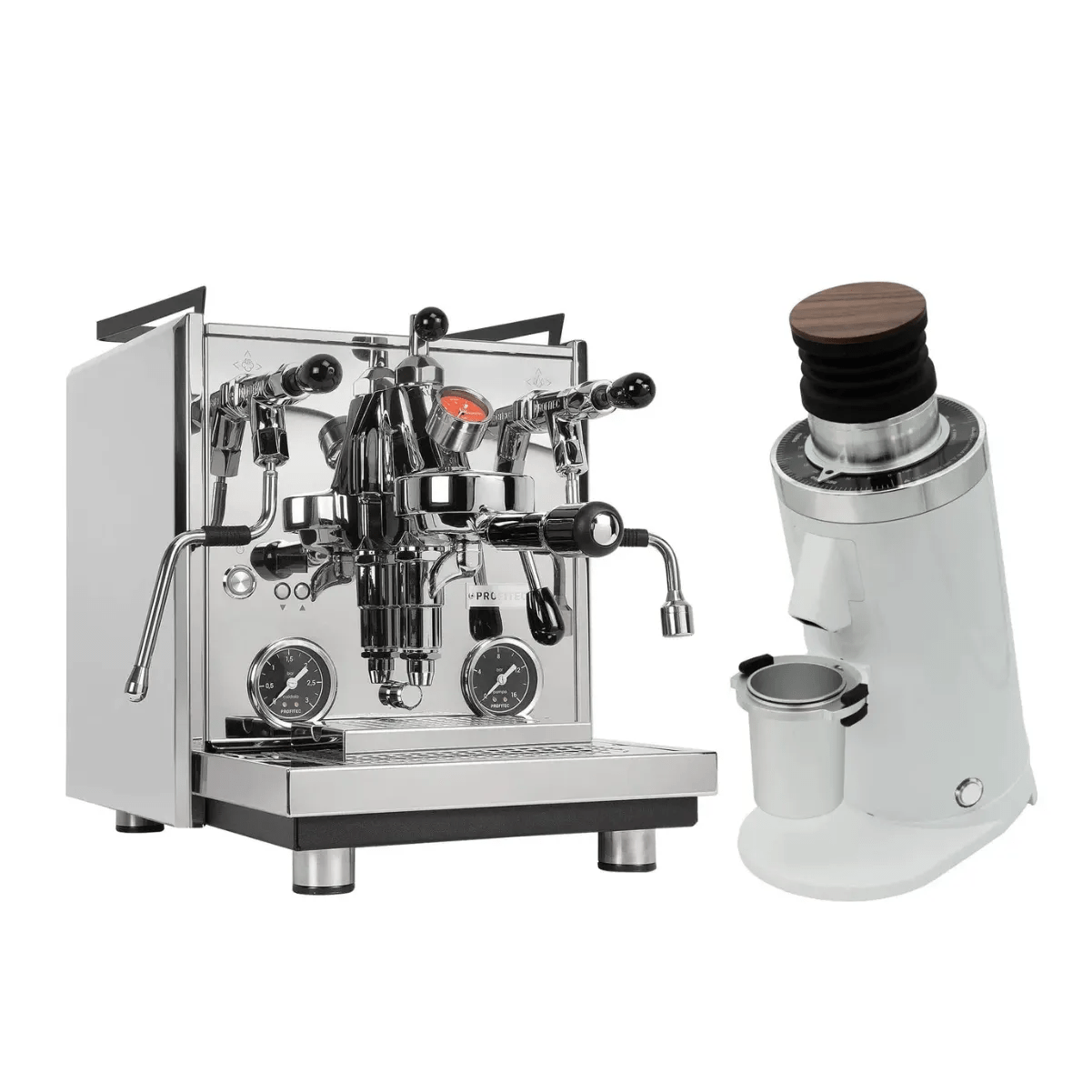 The Profitec Drive Espresso Machine with dual gauges and PID control sits next to the DF64 Gen 2 DLC Burr Grinder (White) by Profitec, both showcased against a plain white background.