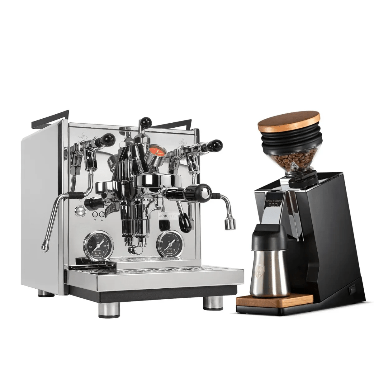 The Profitec Drive Espresso Machine with dual gauges and PID control stands beside the black Eureka Oro Pro Grinder, both from Profitec, creating a sleek coffee setup.