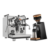 The Profitec Drive Espresso Machine with dual gauges and PID control stands beside the black Eureka Oro Pro Grinder, both from Profitec, creating a sleek coffee setup.