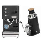 The Profitec Go (Black) Espresso Machine & DF54 Gen 2 Grinder (Black) Bundle by Profitec features a sleek coffee machine with dials, buttons, and steam wand beside a matching grinder with wooden top and clear grounds container.