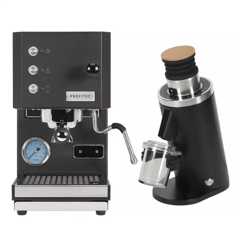 The Profitec Go (Black) Espresso Machine & DF54 Gen 2 Grinder (Black) Bundle by Profitec features a sleek coffee machine with dials, buttons, and steam wand beside a matching grinder with wooden top and clear grounds container.