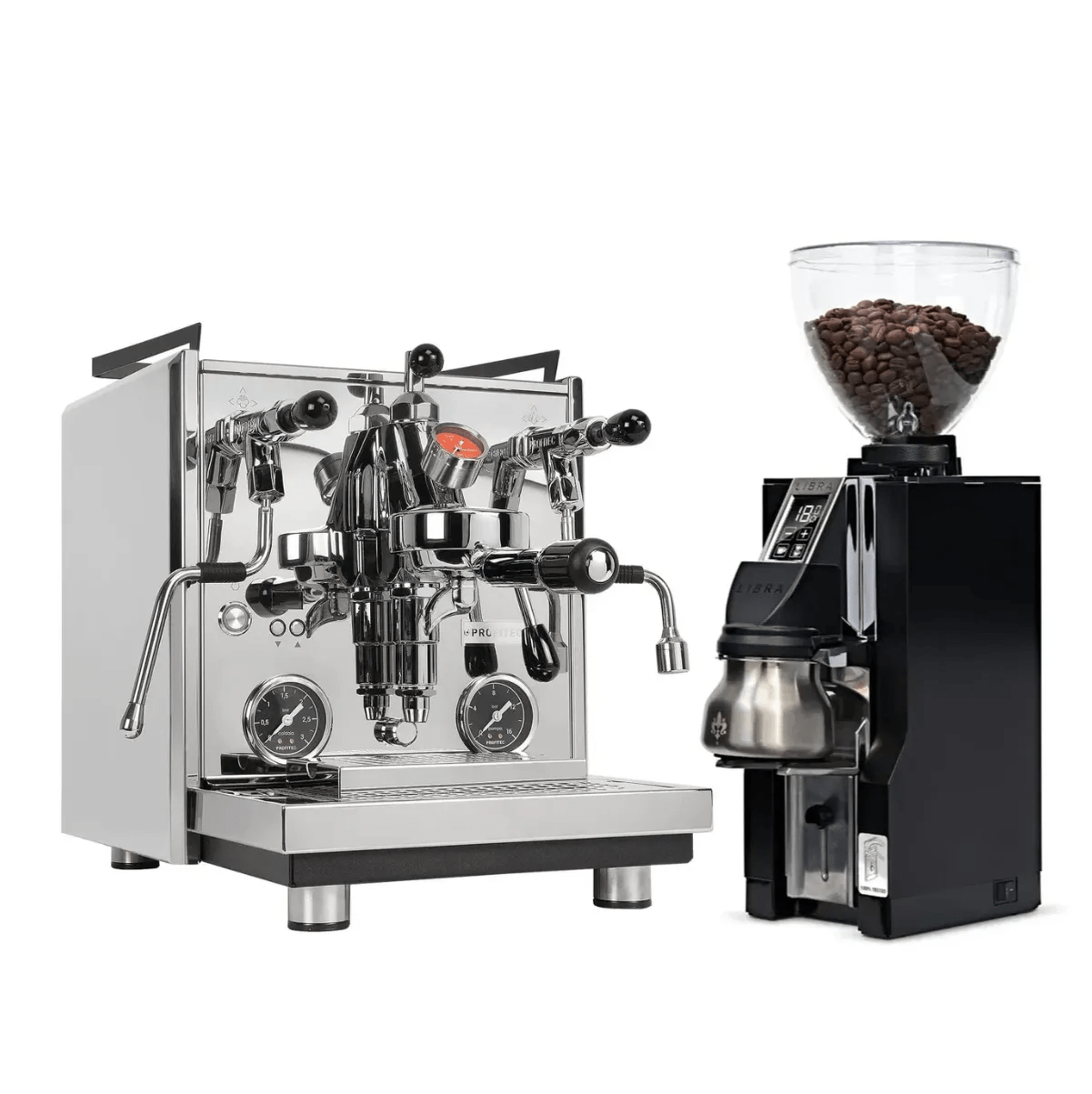 The Profitec Drive Espresso Machine sits beside the Eureka Mignon Libra All Purpose Grinder (Chrome), both in a sleek bundle by Profitec, displayed on a white background. This product is currently backordered.