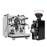 The Profitec Drive Espresso Machine sits beside the Eureka Mignon Libra All Purpose Grinder (Chrome), both in a sleek bundle by Profitec, displayed on a white background. This product is currently backordered.