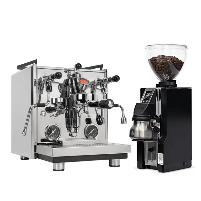 The Profitec Drive Espresso Machine sits beside the Eureka Mignon Libra All Purpose Grinder (Chrome), both in a sleek bundle by Profitec, displayed on a white background. This product is currently backordered.