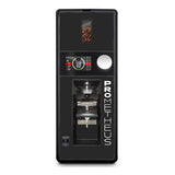 The Eureka Oro Prometheus Commercial Coffee Grinder in sleek black, crafted by Eureka, displays beans through a top window. Equipped with smart tech, it features a precision grinder, digital display controls, and a central dispensing area.