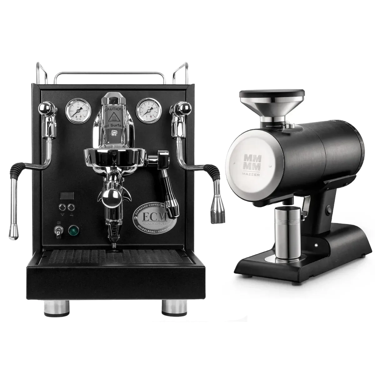 The ECM Mechanika Max Espresso Machine (Black) with Mazzer Philios Grinder (Black) Bundle from ECM features a sleek black machine with dual gauges and levers, paired with a matching grinder with silver accents, all set against a white background.