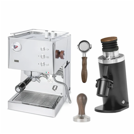 The CYBER BUNDLE by Quick Mill features a stainless steel Pop-up Espresso Machine with PID, a DF64 black grinder, a wooden-handled portafilter, and matching tamper—shown on a white background.