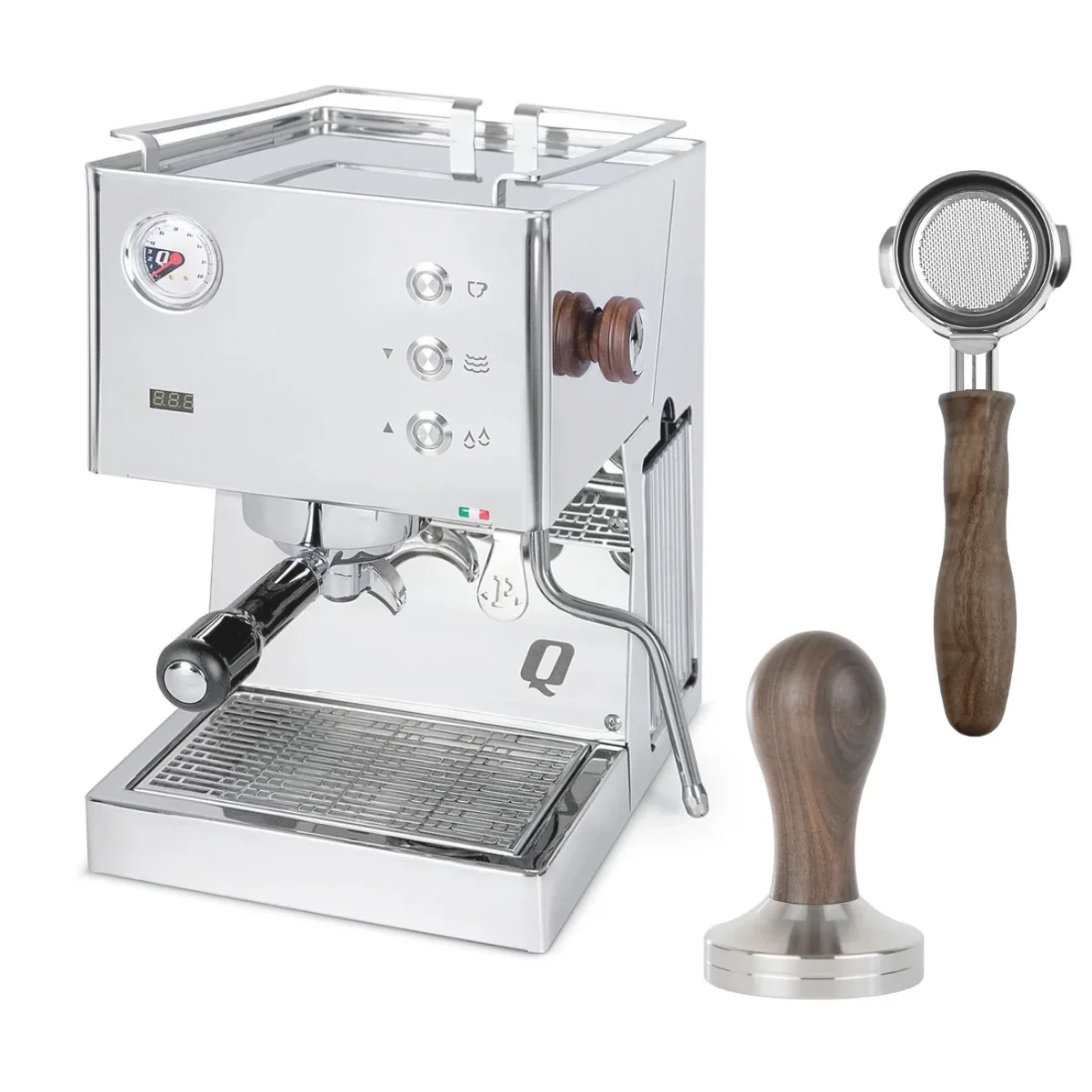 The Quick Mill CYBER BUNDLE includes a stainless steel Pop-up Espresso Machine with PID control, pressure gauge, three buttons, wooden accents, two portafilters, and a wooden-handled tamper.