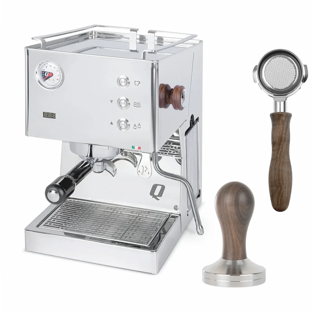 The Quick Mill CYBER BUNDLE includes a stainless steel Pop-up Espresso Machine with PID control, pressure gauge, three buttons, wooden accents, two portafilters, and a wooden-handled tamper.