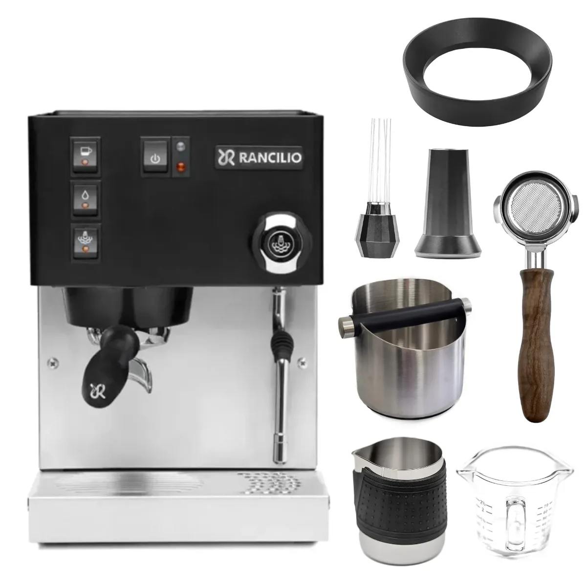 The Rancilio Silvia M6 Espresso Machine (Black) by Rancilio is displayed with an E61 bottomless portafilter, knockbox, dosing funnel, handleless milk jug, and shot glass as part of a bundled accessory set.
