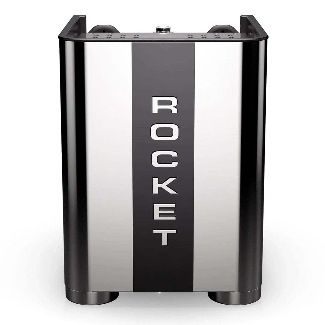 The Rocket Appartamento TCA Espresso Machine with Flow Control (RE502A3B12) boasts a sleek stainless steel and black design, features advanced Temperature Control Adjustment, and prominently showcases "ROCKET" vertically in bold on the front panel.