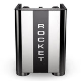 The Rocket Appartamento TCA Espresso Machine with Flow Control (RE502A3B12) boasts a sleek stainless steel and black design, features advanced Temperature Control Adjustment, and prominently showcases "ROCKET" vertically in bold on the front panel.