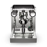Front view of the Rocket Appartamento TCA Espresso Machine RE502A3B12 in stainless steel-black. This premium machine features a portafilter, pressure gauge, two circular steam knobs, and an adjustable temperature control for precision espresso brewing.