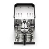 Top-down view of the Rocket Appartamento TCA Espresso Machine with Flow Control RE502A3B12, a stylish stainless steel design featuring a portafilter, steam wand, and gauges. It offers modern perforated surfaces for drip management and precise temperature control.