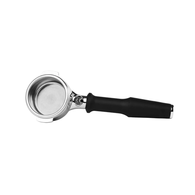 Rocket 58mm Bottomless Premium Portafilter RA99910342 with a silver metal triple-shot basket and a black handle.
