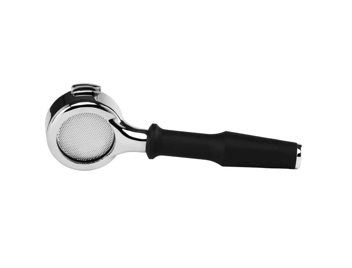 Rocket 58mm Bottomless Premium Portafilter RA99910342 for Rocket espresso machines, featuring a black handle and a triple-shot basket.