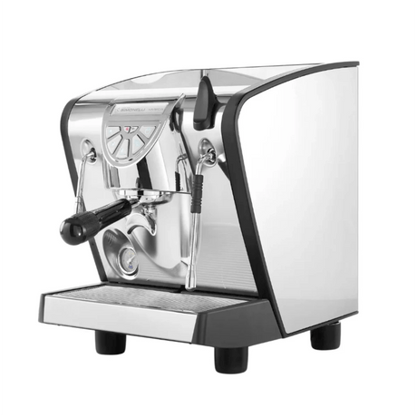 The Nuova Simonelli Musica Heat Exchanger Espresso Machine (Stainless Steel + Black Trim) features a portafilter and steam wand, making it ideal for home baristas. Shown against a white background.