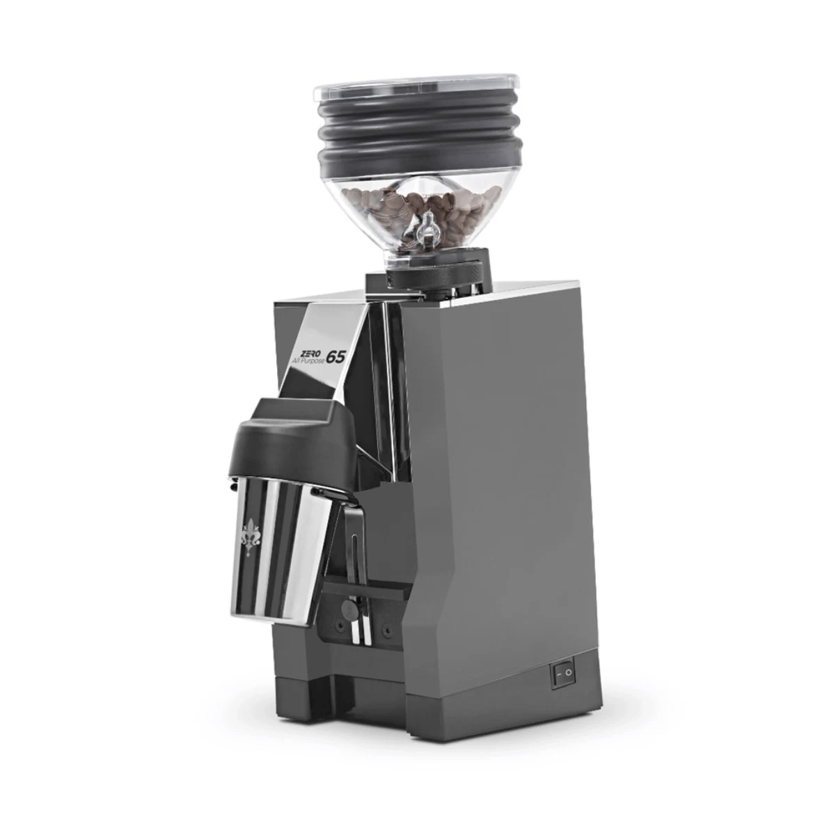 A grey Eureka Mignon Zero 65 All Purpose Grinder by Eureka, shown on a plain white background with a clear hopper of coffee beans. This model is currently backordered.