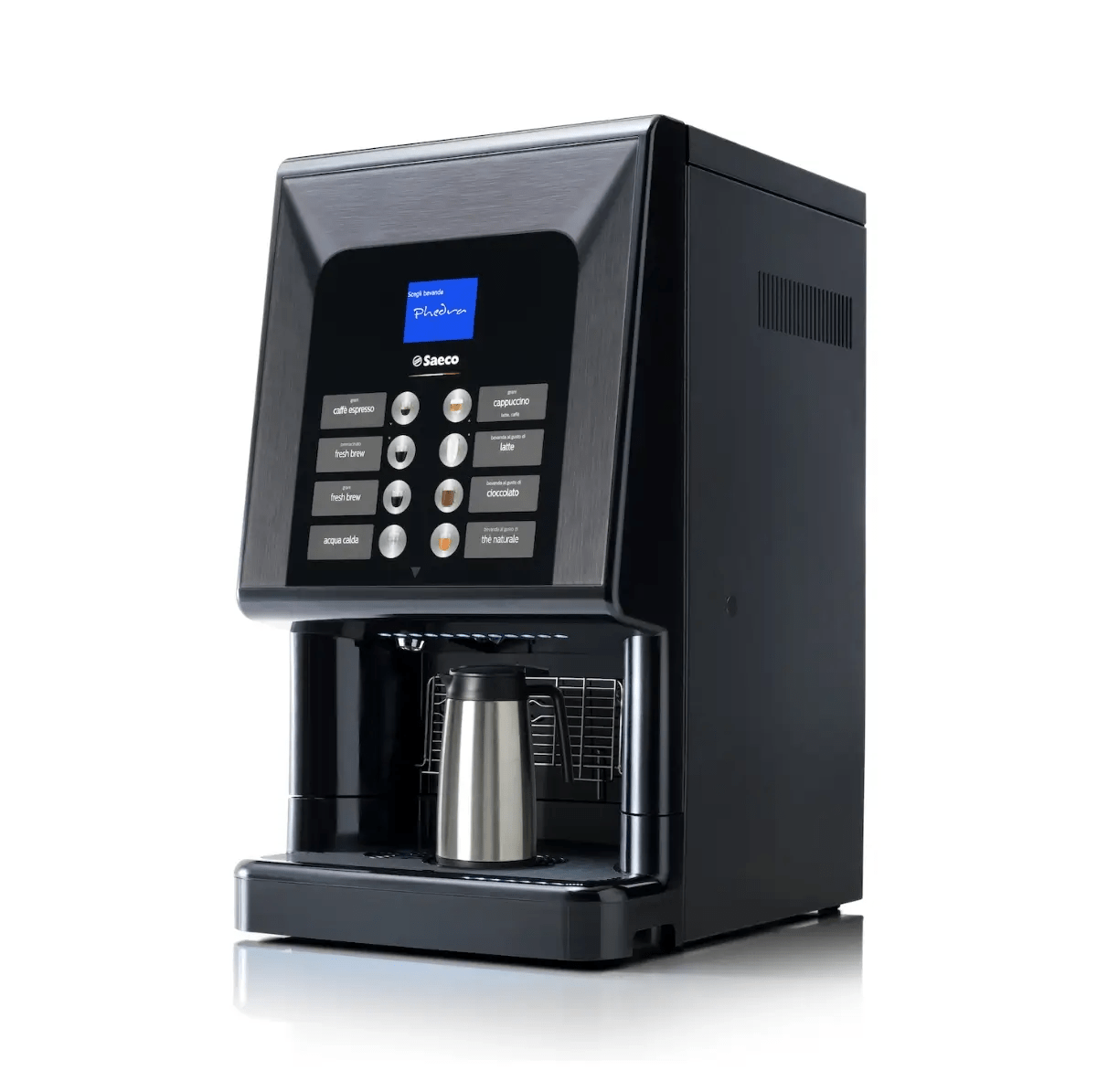 A black Saeco Phedra EVO (TTT) Super Automatic Espresso Machine with a digital display and multiple selection buttons dispenses coffee into a metal cup on its tray, set against a plain white background.