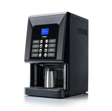 A black Saeco Phedra EVO (TTT) Super Automatic Espresso Machine with a digital display and multiple selection buttons dispenses coffee into a metal cup on its tray, set against a plain white background.