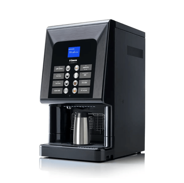 A black Saeco Phedra EVO (TTT) Super Automatic Espresso Machine with a digital display and multiple selection buttons dispenses coffee into a metal cup on its tray, set against a plain white background.