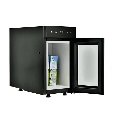 The Bellucci BR9C Commercial Milk Fridge by Bellucci is a compact black unit with its door open, displaying a juice carton and bottle inside. It features a top-front digital control panel and digital thermostat for precise temperature control.