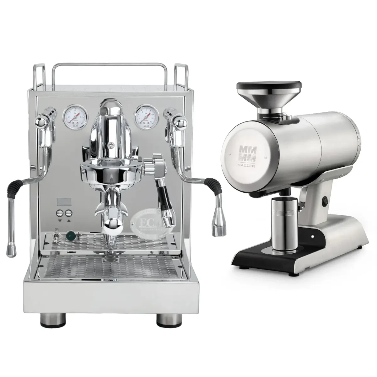 The ECM Mechanika Max Espresso Machine (Silver) with Mazzer Philios Grinder (Silver) Bundle by ECM is displayed side by side on a white background.