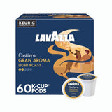 Lavazza Costiera Gran Aroma Light Roast K-Cup® Pods (Case of 60) by Lavazza features coastal-themed packaging with a woman playing a harp and the Lavazza logo in bold white letters.