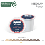Two Lavazza Dolcevita Classico Medium Roast K-Cup® Pods (Case of 60) are shown. The image highlights their recyclability, specifies "medium roast," and displays a color scale illustrating the medium roast profile.