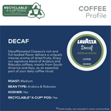 Experience the rich flavor of Lavazza Decaf Medium Roast K-Cup® Pods (Case of 60), blending Arabica and Robusta beans. Kosher certified and in recyclable pods—recycling availability may vary.