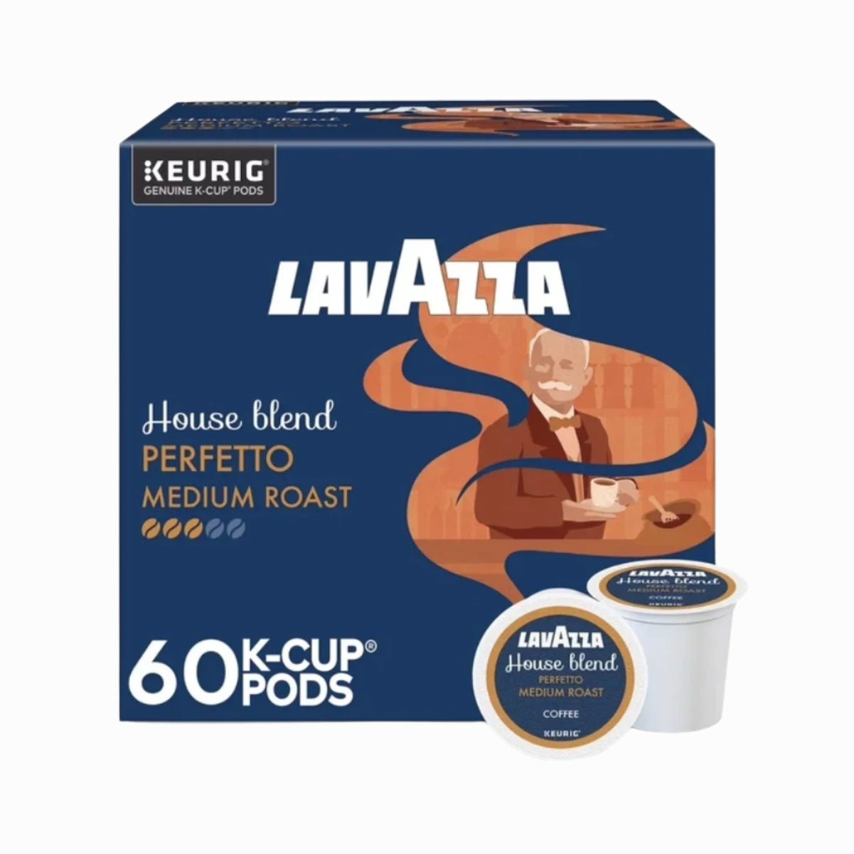 Front of a Lavazza House Blend Perfetto Medium Roast K-Cup® Pods (Case of 60) box, with barista illustration and one medium roast pod beside it. Brand: Lavazza.