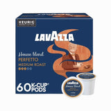 Front of a Lavazza House Blend Perfetto Medium Roast K-Cup® Pods (Case of 60) box, with barista illustration and one medium roast pod beside it. Brand: Lavazza.
