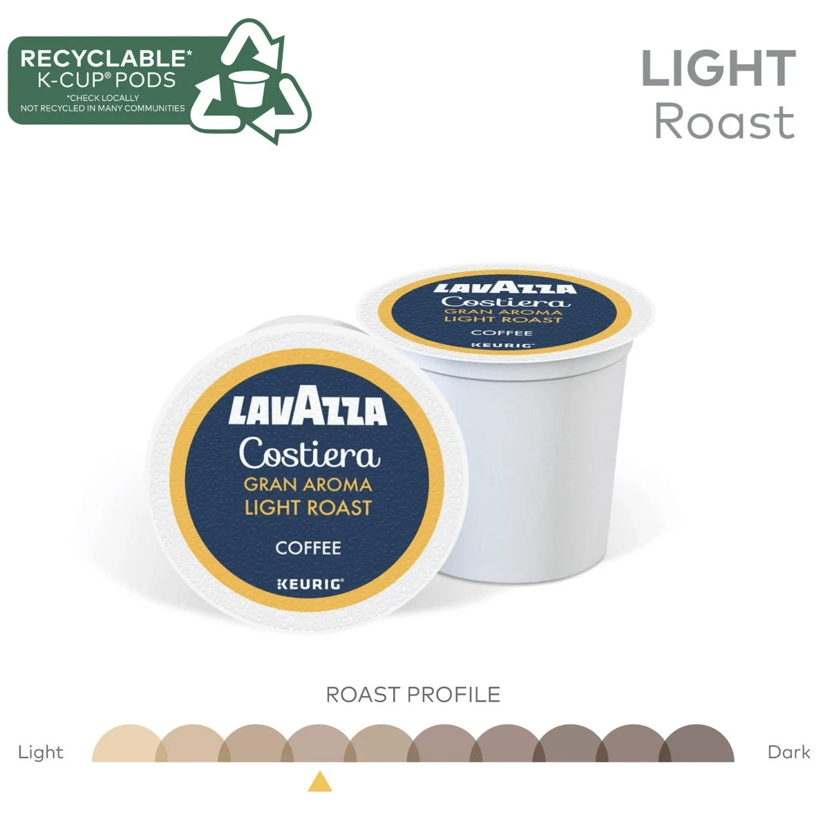 Two Lavazza Costiera Gran Aroma Light Roast K-Cup® Pods (Case of 60) with blue and yellow labels are shown, highlighting their recyclability and a light roast profile. Brand: Lavazza.