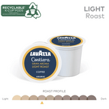 Two Lavazza Costiera Gran Aroma Light Roast K-Cup® Pods (Case of 60) with blue and yellow labels are shown, highlighting their recyclability and a light roast profile. Brand: Lavazza.