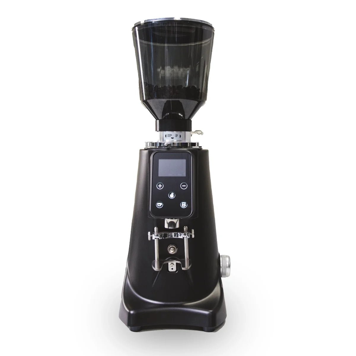 The Bellucci Preciso 68 Coffee Grinder (Black) by Bellucci features titanium flat burrs, a transparent hopper, digital display, and control buttons. It is shown on a white background.